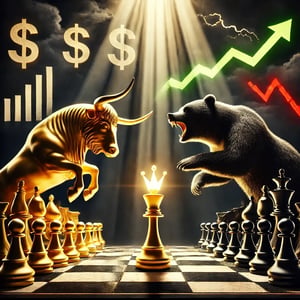 DALL·E 2025-05-05 13.29.17 - A symbolic chessboard scene representing the stock market, with a powerful golden bull and a shadowy fierce bear facing off across a dramatic black-an-1